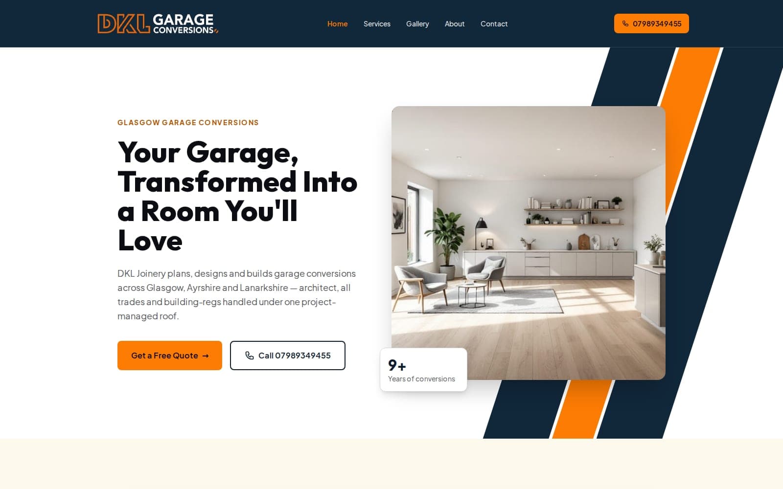 The real website we built for DKL Garage Conversions — navy header, orange logo, photos of finished garage conversions.