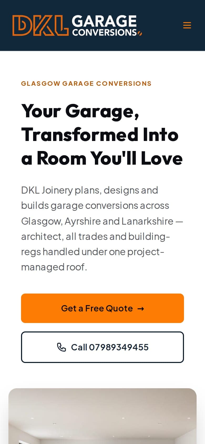 The same DKL Garage Conversions website on a phone.