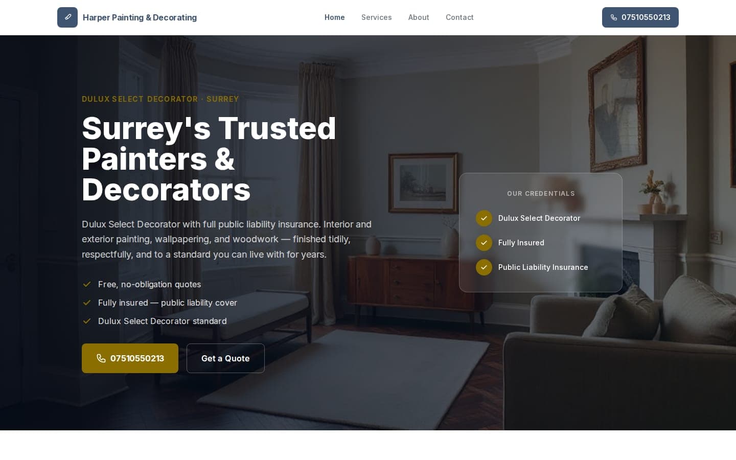 Example website we built for a painting and decorating business in Surrey.