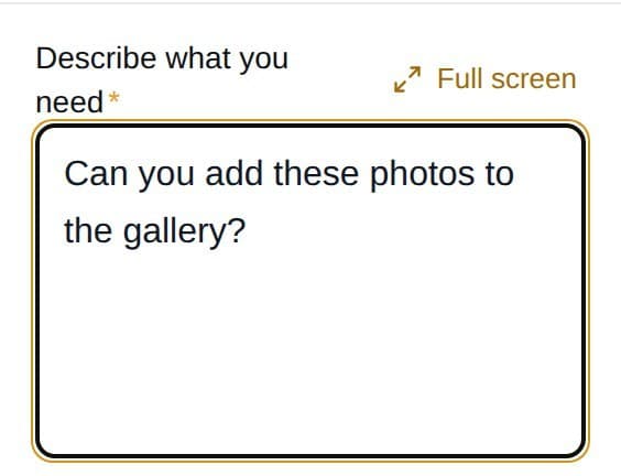 The change request box with a typed request: 'Can you add these photos to the gallery?'
