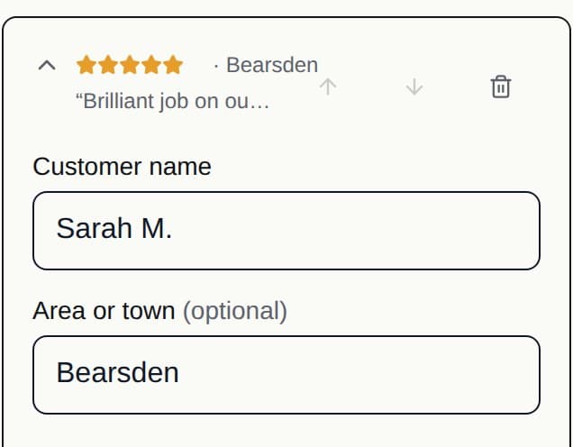 Adding a customer review in the portal: a five-star rating with the customer's name and area filled in.