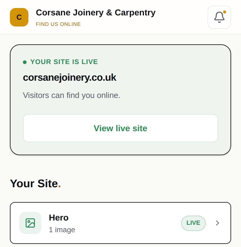 The top of the portal's Your Site screen for Corsane Joinery & Carpentry, our demo account: the 'your site is live' banner and the first section card (the hero).