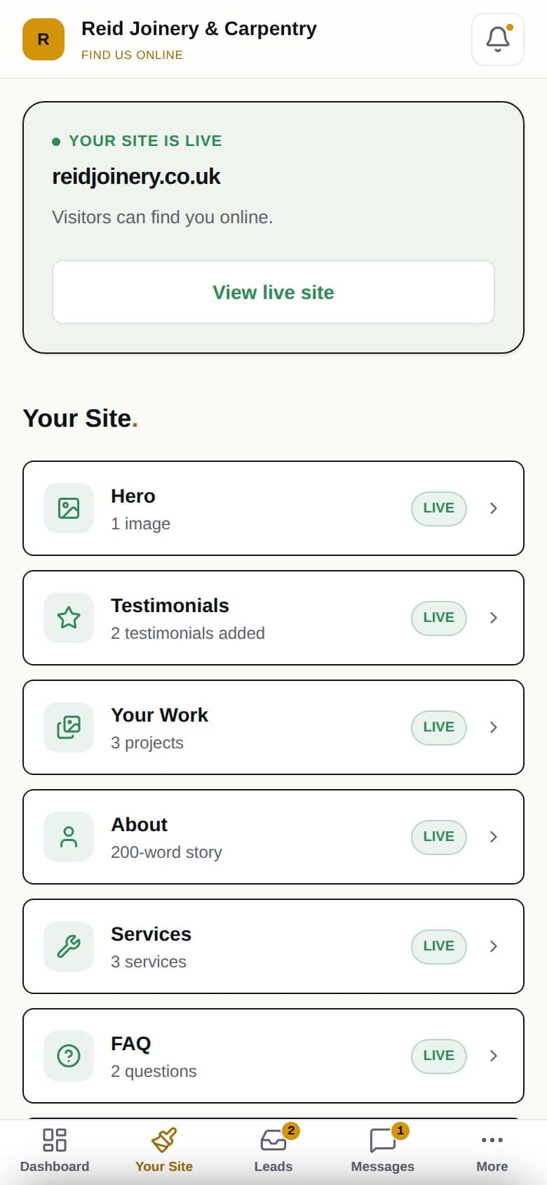 The portal's Your Site screen for Reid Joinery & Carpentry, our demo account: 'your site is live' at the top, then a card for each part of the site — hero, testimonials, your work, about, services and FAQ.